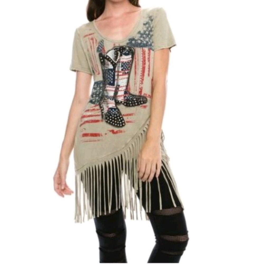 VTG Vocal USA Cowboy Fringe Gem Top Western Rhinestone Boot Affliction Sz S Y2k
